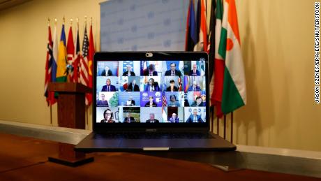 A computer screen is seen while members of the United Nations Security Council meet virtually on the situation in the Middle East on 16 May 2021. (Photo by JASON SZENES/EPA-EFE/Shutterstock)