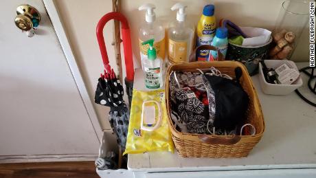 Kimberly LoRusso continues to keep an ample supply of hand sanitizer, masks and sanitizing wipes by her front door. She is fully vaccinated, but prefers to keep her mask on.