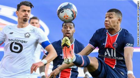 Jose Fonte battles with PSG star Kylian Mbappe during April&#39;s crucial 1-0 win.