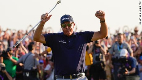 Mickelson celebrates after winning the PGA Championship.