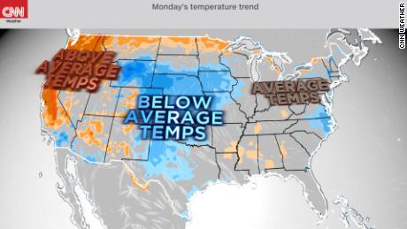 Forecast temperature departures from normal on Memorial Day Monday