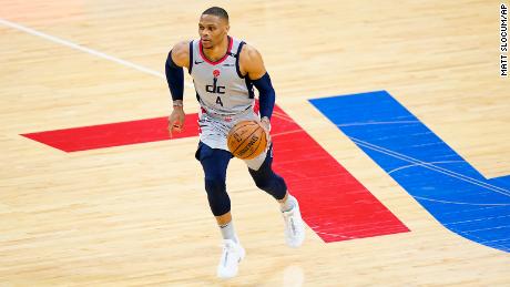Washington Wizards goaltender Russell Westbrook plays in Game 2 of an NBA first-round playoff series.