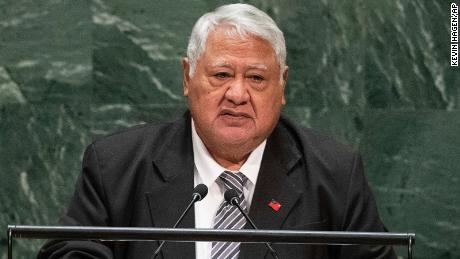Samoa&#39;s then-Prime Minister Tuilaepa Sailele Malielegaoi addresses the United Nations General Assembly at the UN headquarters in New York in 2019.