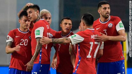Chile players celebrate Alexis Sanchez&#39;s equalizer.