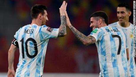 Leo Messi celebrates after scoring the opening goal against Chile.