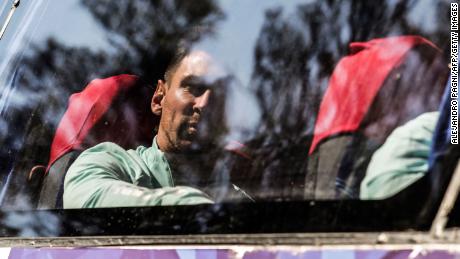 Messi is seen onboard a bus as Argentina&#39;s national football team leaves the training facilities of the Argentine Football Association.