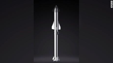 A rendering of the Starship spacecraft and rocket booster, fully assembled.
