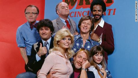 (Pictured left to right) Richard Sanders (as news director Les Nessman), Frank Bonner (as advertising salesman Herb Tarlek), Loni Anderson (as receptionist Jennifer Marlowe), Gordon Jump (as general manager Arthur &#39;Big Guy&#39; Carlson),Howard Hesseman (as morning disk jockey Dr. Johnny Fever),  Gary Sandy (as radio program director Andy Travis), Jan Smithers (as assistant and traffic coordinator Bailey Quarters) and Tim Reid (as nighttime disc jockey Venus Flytrap) star on WKRP in Cincinnati, a CBS television situation comedy about characters at a radio station. Originally broadcast September 18, 1978.