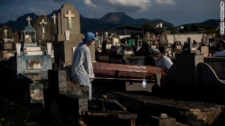 Cemetery workers carry the coffin of a person who died from Covid-19 related complications at the Inhauma cemetery in Rio de Janeiro, 브라질, 6 월 18, 2021.