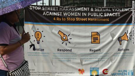 A billboard showing a campaign against street harassment and sexual violence toward women, in Manila, the Philippines, on June 30, 2019.