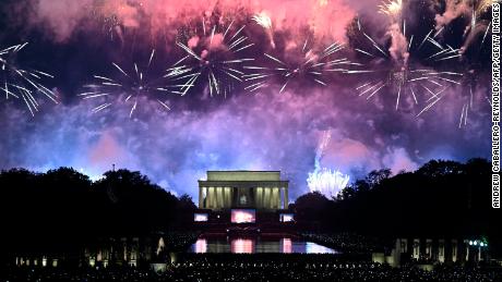 Fireworks explode over the Lincoln Memorial during the Fourth of July celebrations in Washington, DC, in 2019. 