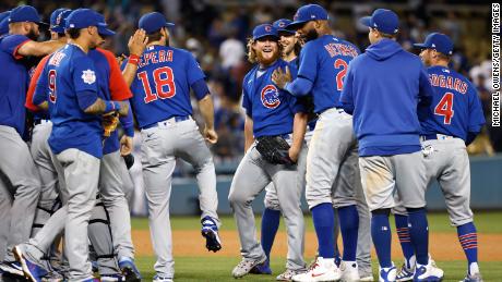 Craig Kimbrel celebrates with his teammates after completing the Cubs&#39; combined no-hitter against Dodgers.