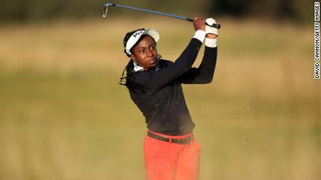 Oboh plays her second shot on the 18th hole during the second round of the Aberdeen Standard Investments Ladies Scottish Open.