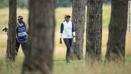 Oboh walks to her second shot on the second hole during the first round of the Aberdeen Standard Investments Ladies Scottish Open.
