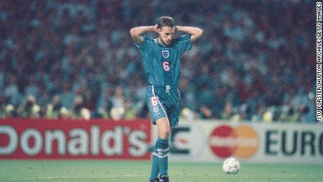 Gareth Southgate reacts after missing his penalty during the 1996 penalty shoot out.
