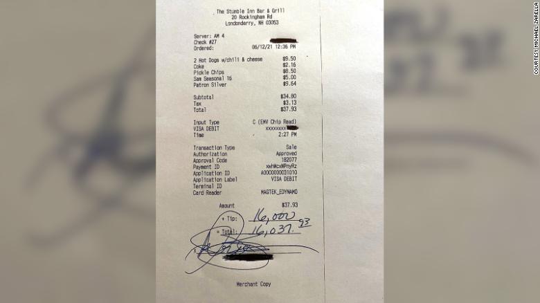 A customer left a $  16,000 tip after ordering some hot dogs, chips and a few drinks