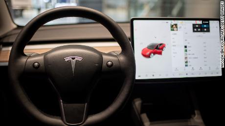 The interior of a Tesla Model 3 seen at a Tesla shop in a shopping Mall in Beijing on May 26.