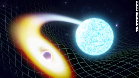 This artistt&#39;s interpretation shows what can happen when a black hole merges with a neutron star. 