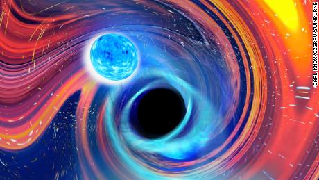 This illustration provides an artistic view of what happens when a black hole engulfs a neutron star. 