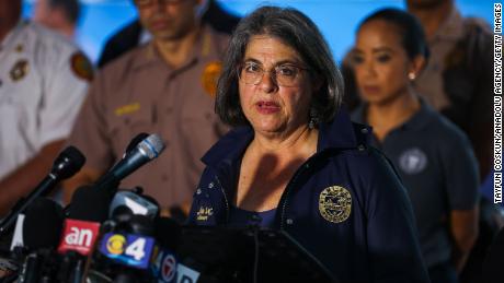 Miami-Dade Mayor Daniella Levine Cava delivers a speech during a rescue operation of the partially collapsed Champlain Towers South in Surfside, Florida on June 29, 2021. 