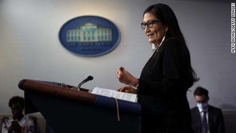 US Secretary of the Interior Deb Haaland speaks during a daily press briefing at the White House in April. Haaland&#39;s office told CNN it is &quot;reviewing the options available&quot; for renaming sites with offensive names.