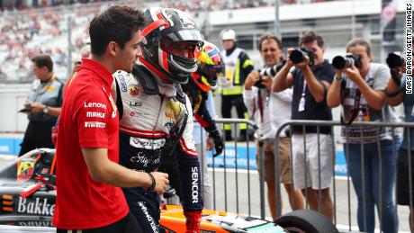 Charles Leclerc celebrates after his brother, Arthur Leclerc, won the F4 race before the F1 Grand Prix of Germany at Hockenheimring on July 28, 2019 in Hockenheim, Germany.