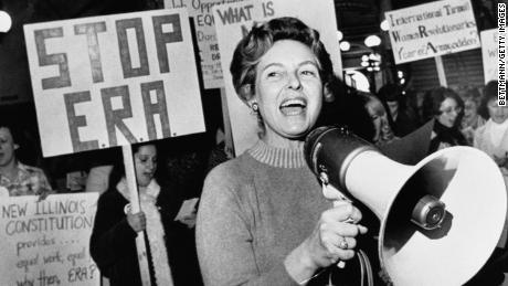 Phyllis Schlafly leads members opposed to the equal rights amendment in protest in this undated photo.