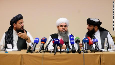 Mohammad Naim, Mawlawi Shahabudding Delawar and Suhil Shaheen, members of a political delegation from the Taliban, attend a news conference in Moscow, Russia, onJuly 9, 2021.