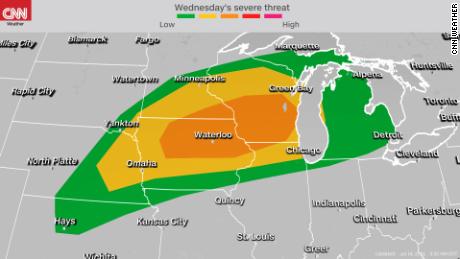 Storm Prediction Center&#39;s severe weather outlook in the Midwest Wednesday into Wednesday night.