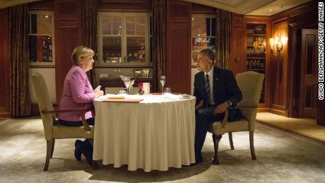 The private dinner in Berlin in the wake of Trump&#39;s shock election win in November 2016 at which Obama urged Merkel to run again so she could save the global liberal order. 