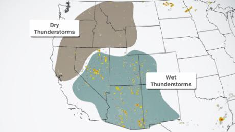 Monsoon rains bring wet thunderstorms to the Southwest while the Northwest could see more wildfires ignited by lightning in dry thunderstorms