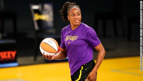 Forward Nneka Ogwumike # 30 from Los Angeles Sparks warms up before the game against the Dallas Wings at the Los Angeles Convention Center on May 14, 2021 in Los Angeles, California.
