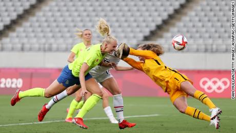Stina Blackstenius opens the scoring for Sweden with a smart header.
