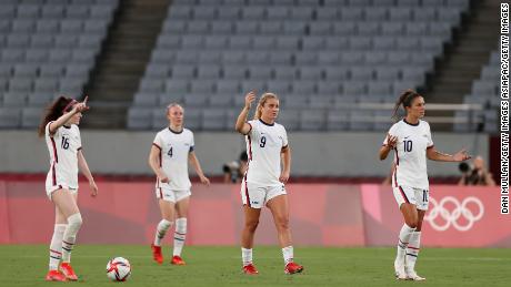 The US players look bemused after conceding the second.