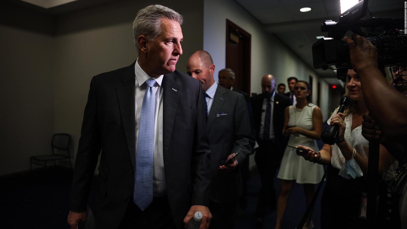 House Minority Leader Kevin McCarthy (R-CA) speaks with reporters as he arrives to a caucus meeting with House Republicans on Capitol Hill on July 20, 2021 in Washington, DC. Leader McCarthy has picked five GOP House members to serve on the House Select Committee investigating the January 6th riots.