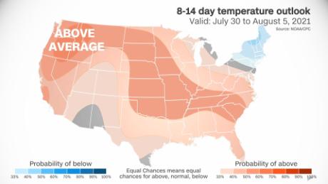 As previsões do Climate Forecasting Center mostram uma tendência de temperatura acima da média para a maior parte dos Estados Unidos.