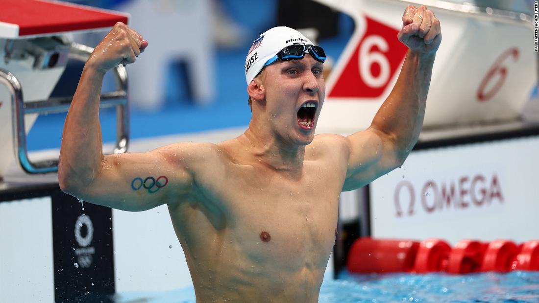American swimmer Chase Kalisz celebrates after &lt;a href=&quot;https://www.cnn.com/world/live-news/tokyo-2020-olympics-07-24-21-spt/h_c0d4c27f23d71040fdc15b662e33cae2&quot; target=&quot;_blank&quot;&gt;winning gold in the 400-meter individual medley&lt;/a&gt; on July 25. It was the first medal for the United States in this year&#39;s Olympics.
