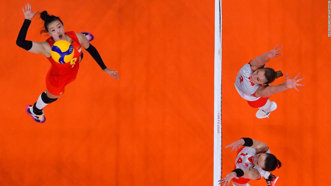 China&#39;s Zhang Changning spikes the ball in a preliminary-round volleyball match against Turkey on July 25.