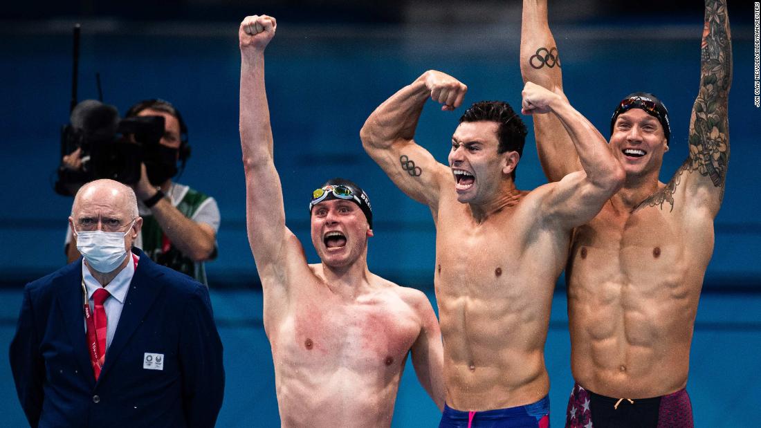 Three US swimmers — from right, Caeleb Dressel, Blake Pieroni and Bowen Becker — celebrate after &lt;a href=&quot;https://www.cnn.com/world/live-news/tokyo-2020-olympics-07-26-21-spt/h_a2676f178c57545842ef135c0601906e&quot; target=&quot;_blank&quot;&gt;winning the 4x100-meter freestyle relay&lt;/a&gt; on July 26. Not pictured is teammate Zach Apple, who swam the anchor leg.