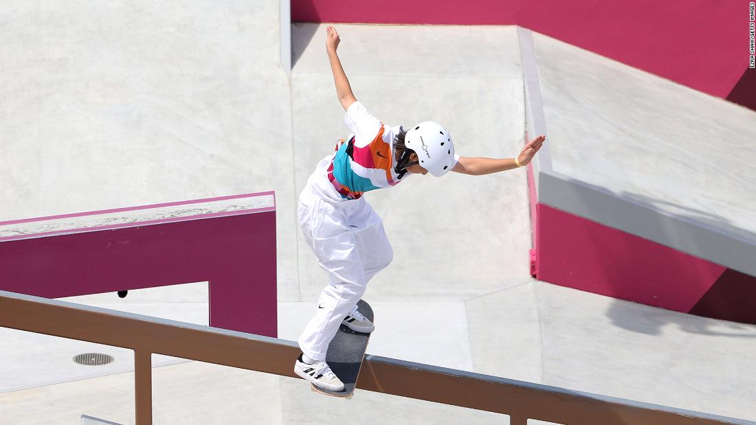 Japanese skateboarder Momiji Nishiya grinds a rail during the women&#39;s street competition on July 26. The 13-year-old &lt;a href=&quot;https://www.cnn.com/world/live-news/tokyo-2020-olympics-07-26-21-spt/h_6946ceefadd9040136faf87fdbcd8852&quot; target=&quot;_blank&quot;&gt;won gold in the new event,&lt;/a&gt; a day after fellow Japanese skateboarder Yuto Horigome won gold on the men&#39;s side. She is one of the youngest gold-medal winners in Olympic history. She is just months older than the current female record-holder, American diver Marjorie Gestring, who was 13 years and 267 days old when she won gold at the Berlin Games in 1936.