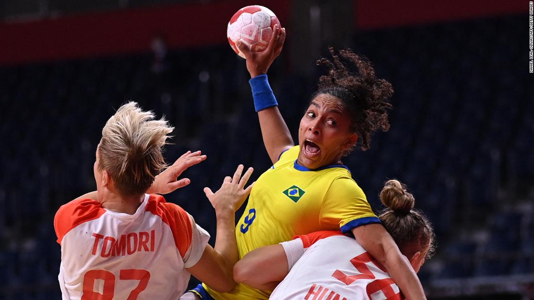 Brazil&#39;s Ana Paula Rodrigues Belo attempts to shoot during a handball match against Hungary on July 27.