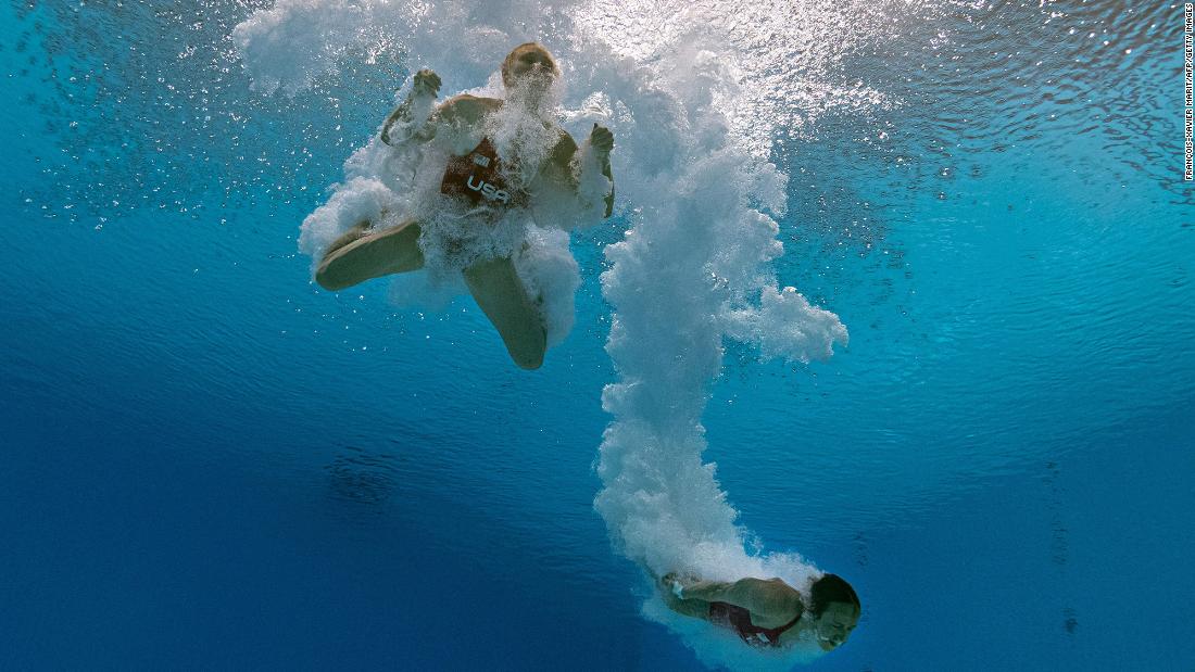 An underwater view shows the United States&#39; Delaney Schnell, left, and Jessica Parratto after a dive in the the synchronized 10-meter platform event on July 27.