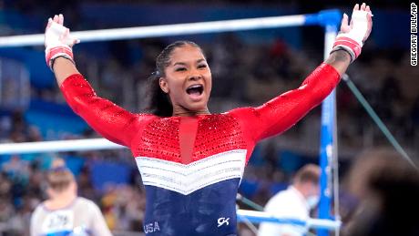 Jordan Chiles of the United States celebrates her performance on uneven bars in the women's artistic gymnastics final at the 2020 Summer Olympics on Tuesday, July 27, 2021, in Tokyo.