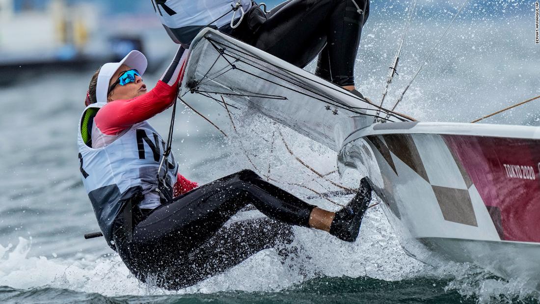 Norway&#39;s Helene Naess and Marie Ronningen compete in the 49erFX sailing competition on July 27.