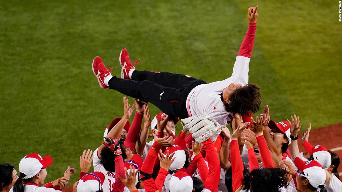 Japan&#39;s softball team celebrates with head coach Reika Utsugi after winning the gold-medal game against the United States on July 27. &lt;a href=&quot;https://www.cnn.com/world/live-news/tokyo-2020-olympics-07-27-21-spt/h_13b9a6c62c003209afe550b465f7ab7e&quot; target=&quot;_blank&quot;&gt;Japan won 2-0.&lt;/a&gt;
