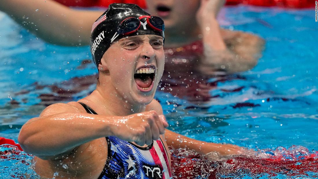 US swimmer Katie Ledecky celebrates after &lt;a href=&quot;https://www.cnn.com/world/live-news/tokyo-2020-olympics-07-27-21-spt/h_86106ef469b0352fbf88fceea5aa405a&quot; target=&quot;_blank&quot;&gt;crushing the field in the 1,500-meter freestyle&lt;/a&gt; on Wednesday, July 28. It was her sixth career gold medal and her eighth Olympic medal in all.