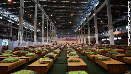 Some 1,800 cardboard beds are prepared at a Covid-19 coronavirus field hospital inside a warehouse at the Don Muang International Airport in Bangkok on July 27.