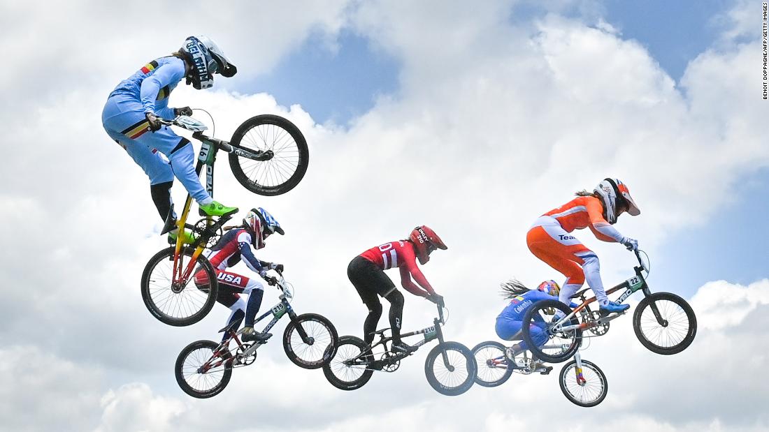 BMX racers compete in the women&#39;s quarterfinals on July 29.