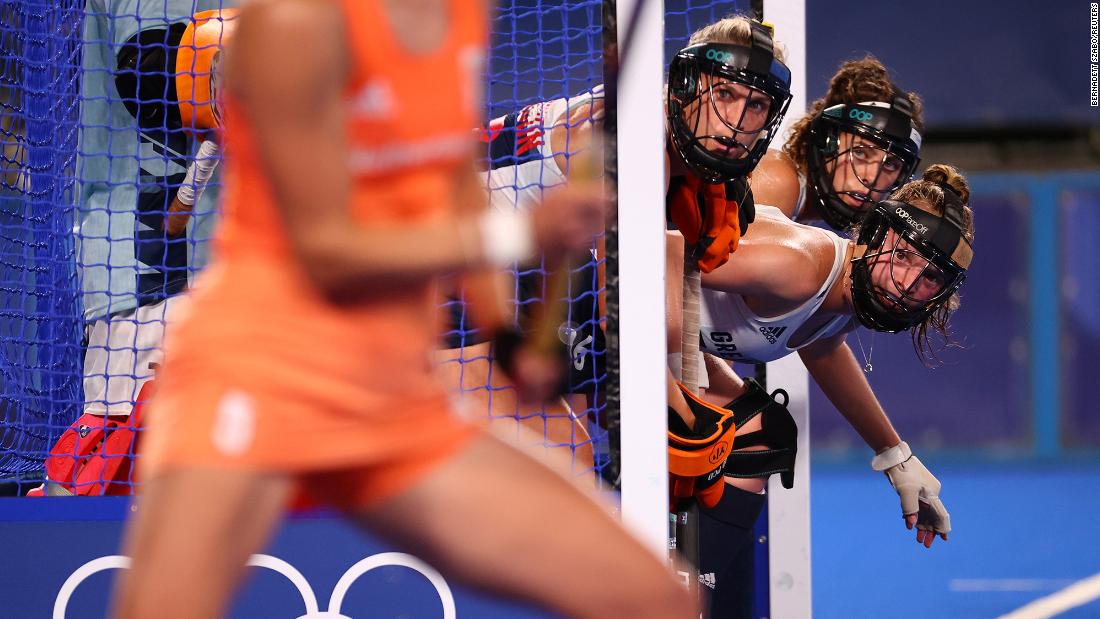 British field hockey players prepare to defend a penalty corner during a match against the Netherlands on July 29.