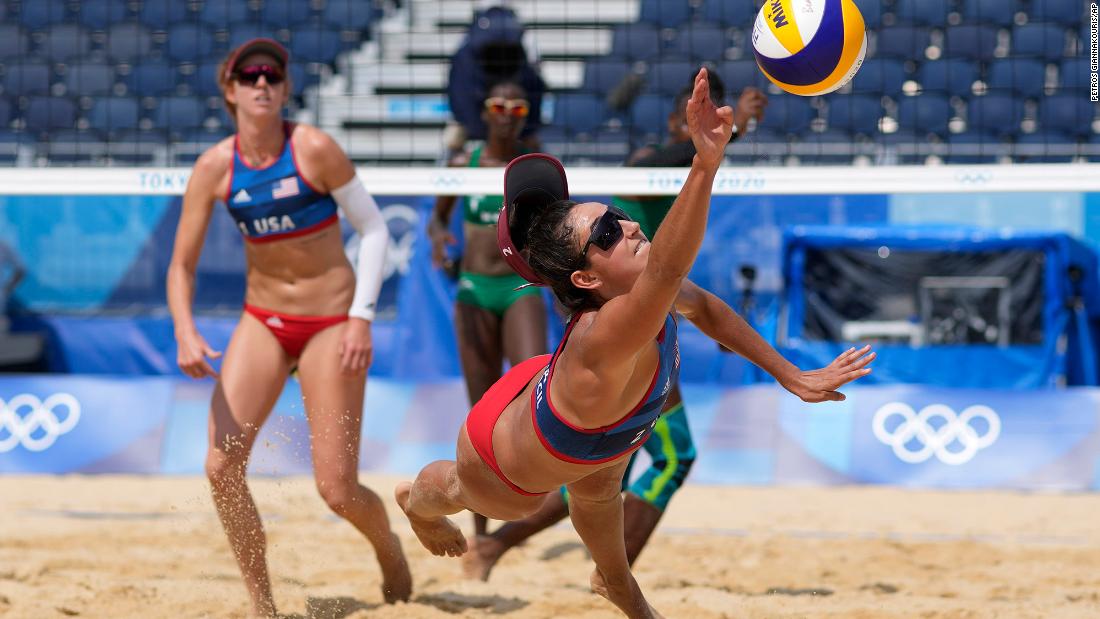 US beach volleyball player Sarah Sponcil stretches out for a ball during a match on July 29.